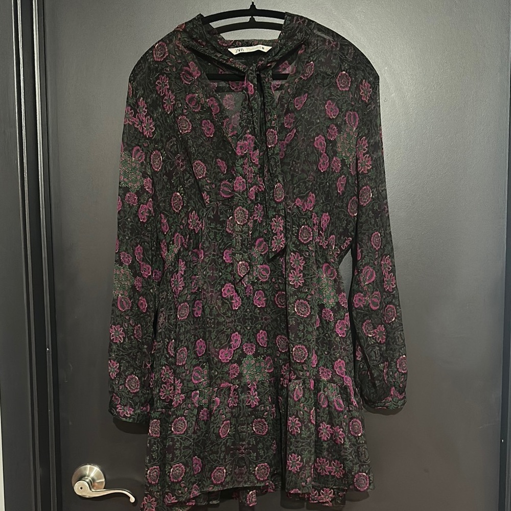 Zara Black Dress with Pink and Green Floral Pattern